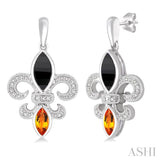 8x4 MM Marquise Cut Onyx, 6x3 MM Marquise Cut Citrine and 1/20 Ctw Round Cut Diamond Fleur De Lis Earrings in Sterling Silver