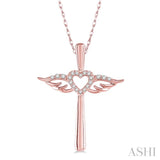 1/10 ctw Angel Wing & Heart Round Cut Diamond Cross Pendant With Chain in 10K Rose Gold
