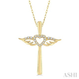1/10 ctw Angel Wing & Heart Round Cut Diamond Cross Pendant With Chain in 10K Yellow Gold