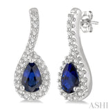 1/6 ctw Hanging Arm 5X3MM Pear Cut Sapphire and Round Cut Diamond Precious Earring in 10K White Gold