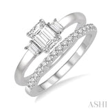 1/2 ctw Diamond Wedding Set With 3/8 ctw Octagonal & Baguette Engagement Ring and 1/10 ctw Round Cut Diamond Wedding Band in 14K White Gold