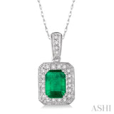 6x4 mm Emerald Cut Emerald and 1/5 Ctw Round Cut Diamond Pendant in 14K White Gold with Chain