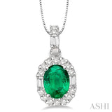 6x4 MM Oval Shape Emerald and 1/4 Ctw Diamond Pendant in 14K White Gold with Chain