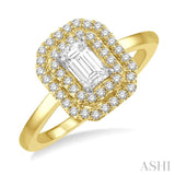 1/2 ctw Twin Halo Round Cut Diamond Engagement Ring With 1/4 ctw Emerald Cut Center Stone in 14K Yellow and White Gold