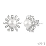 1/6 ctw Floral 6MM Round Pearl & Round Cut Diamond Earring in 10K White Gold