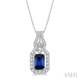 1/5 ctw Interlocking Round Cut Diamond & 6x4MM Emerald Cut Sapphire Precious Pendant With Chain in 14K White Gold