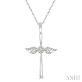 1/10 ctw Angel Wing Round Cut Diamond Cross Pendant With Chain in 10K White Gold