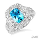 1/20 ctw Round Cut Diamond & 8x6MM Cushion Cut Blue Topaz Semi Precious Ring in Silver