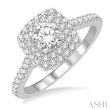 1 ctw Cushion Shape Diamond Engagement Ring With 1/2 ctw Round Cut Center Stone in 14K White Gold